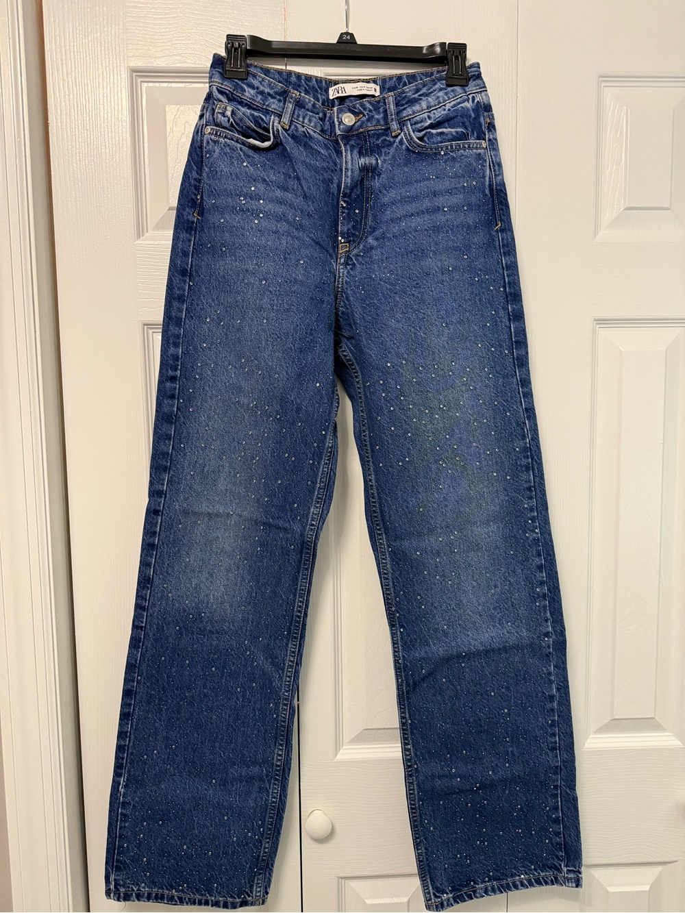 Zara Blue High-Rise Straight Leg Jeans with Speckle Detail